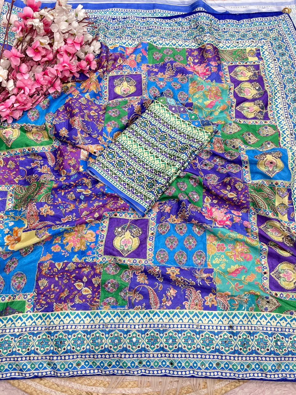Digital print mirror work saree