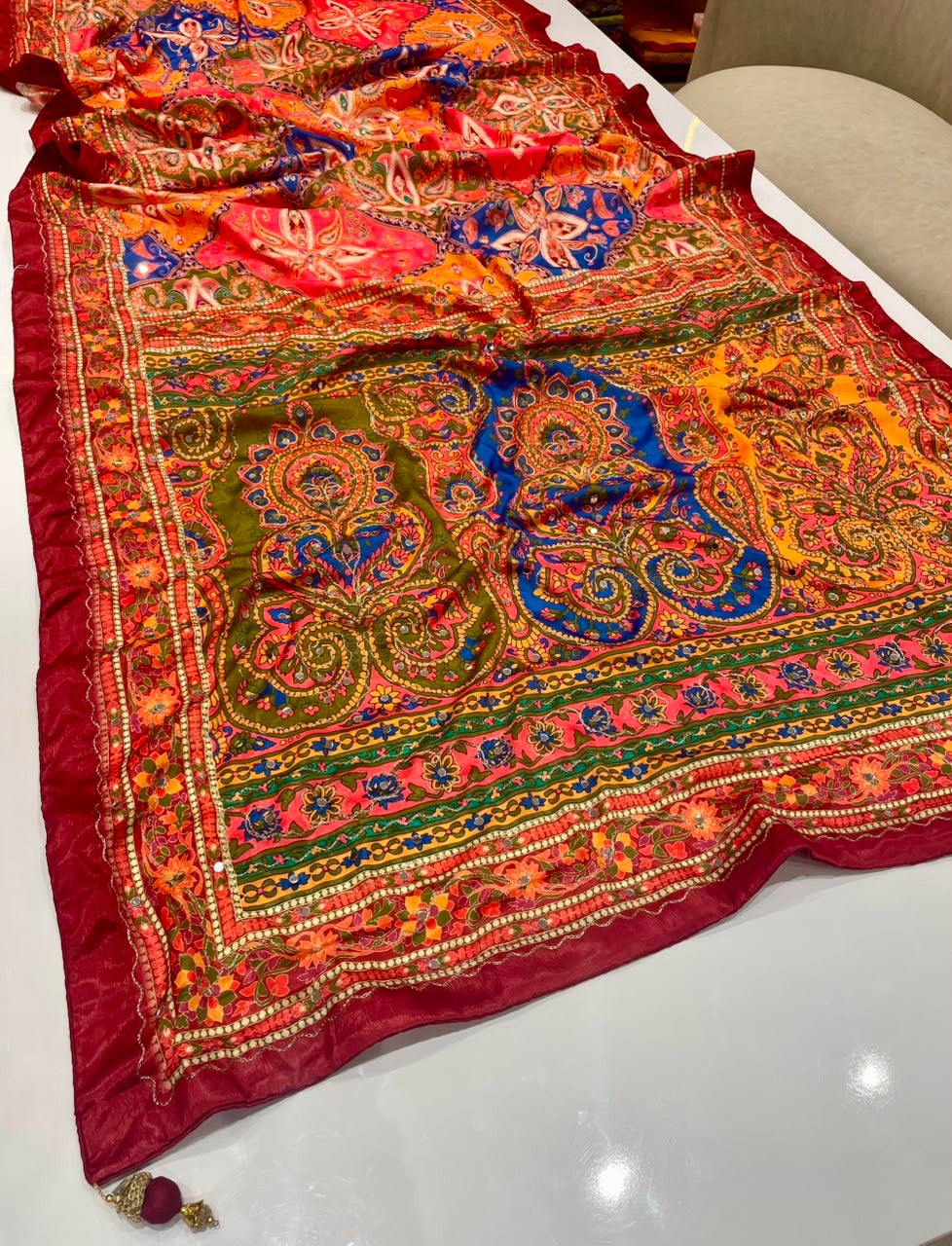 Digital print mirror work saree