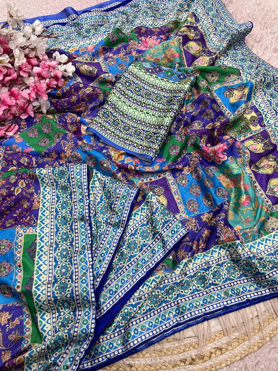 Digital print mirror work saree