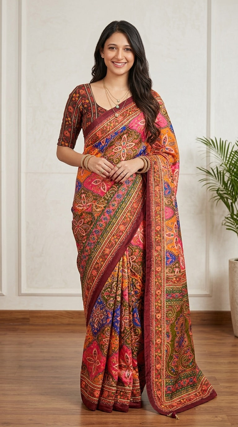 Digital print mirror work saree