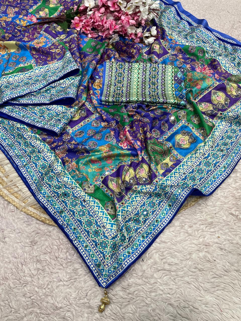 Digital print mirror work saree