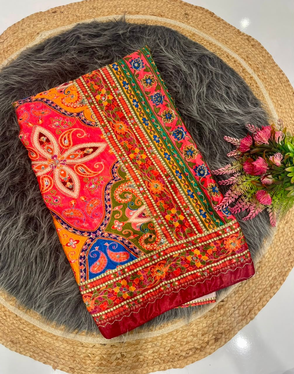 Digital print mirror work saree