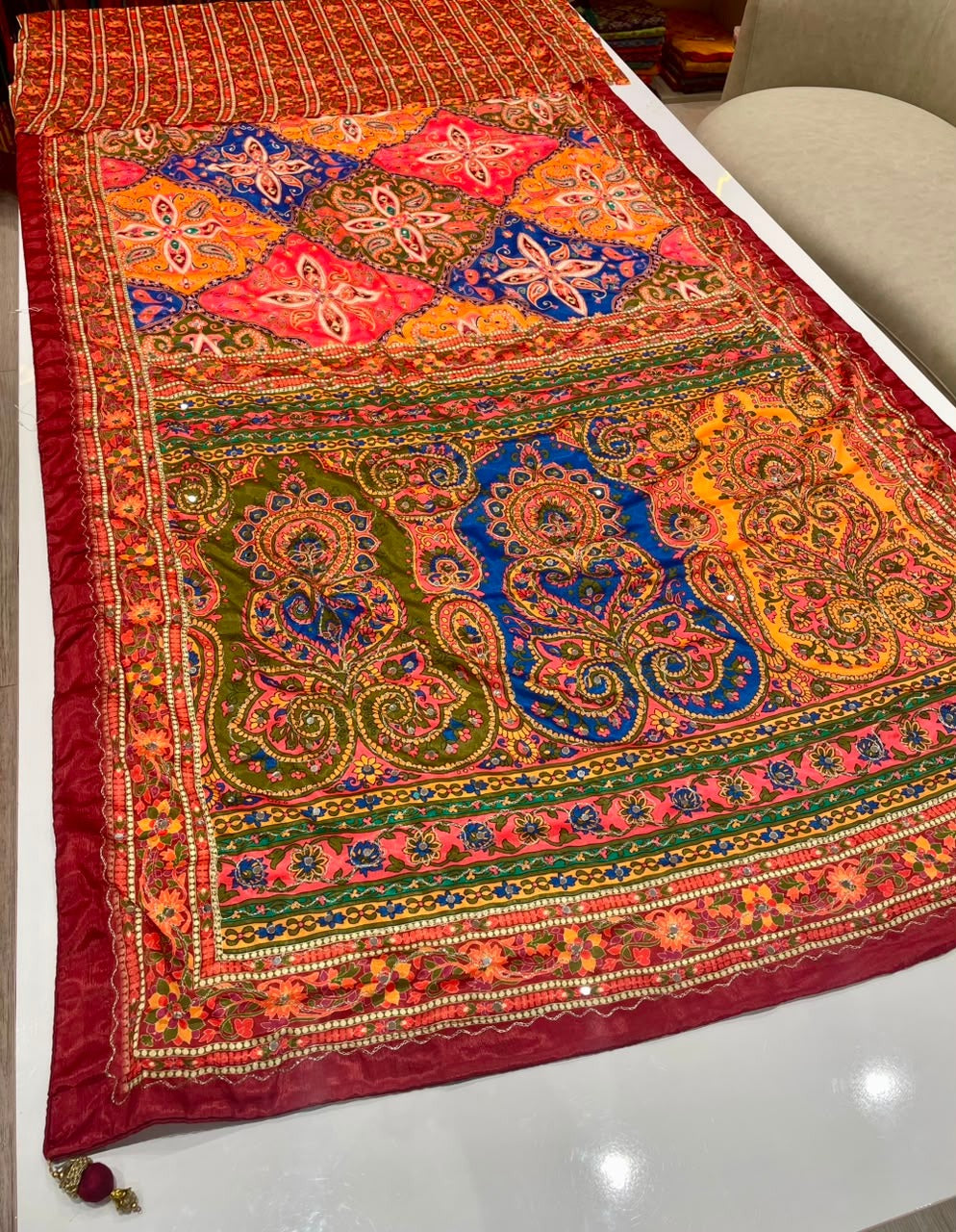 Digital print mirror work saree