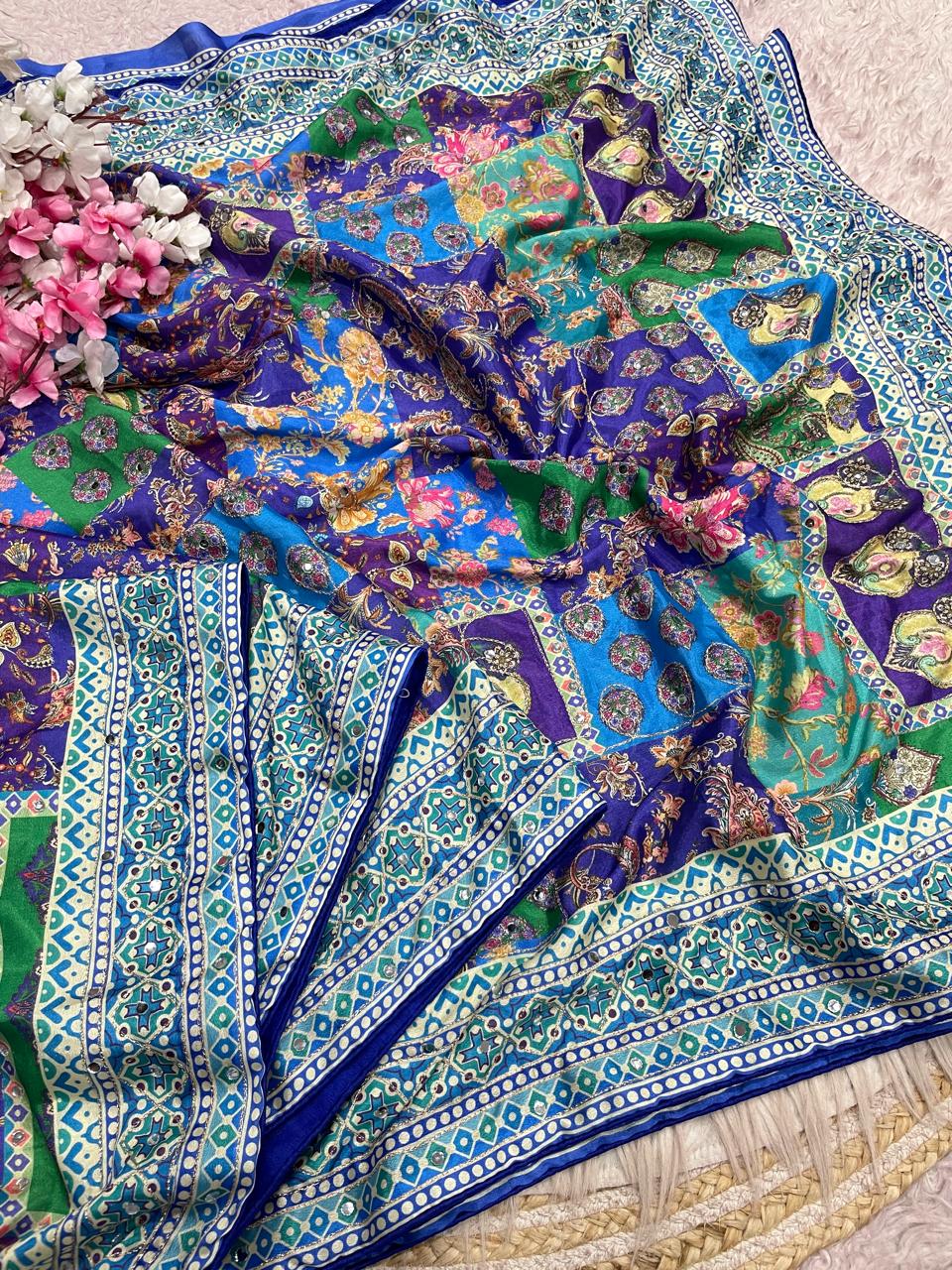 Digital print mirror work saree