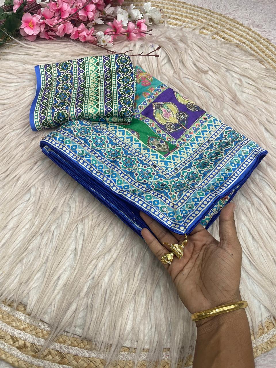 Digital print mirror work saree
