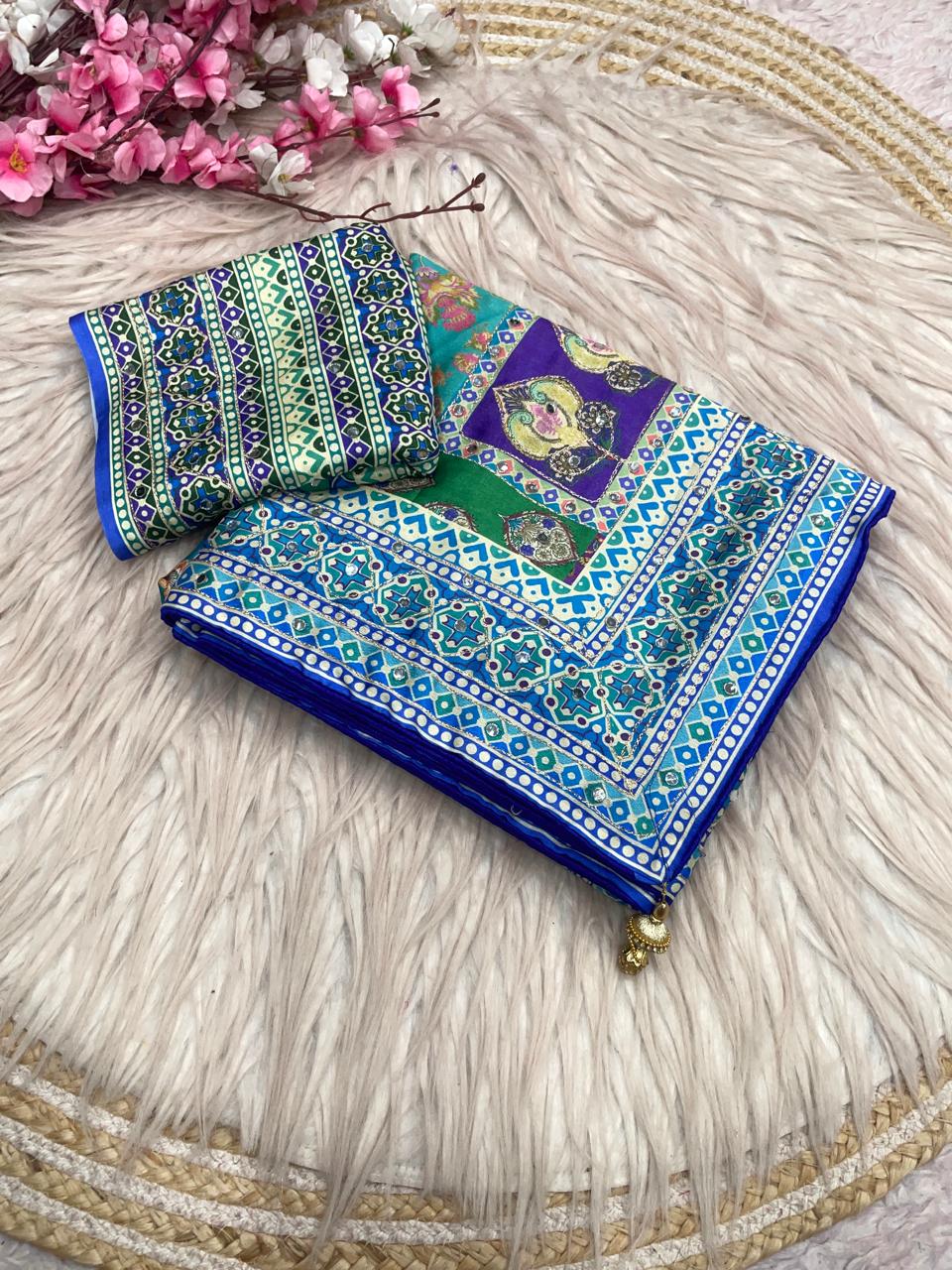 Digital print mirror work saree